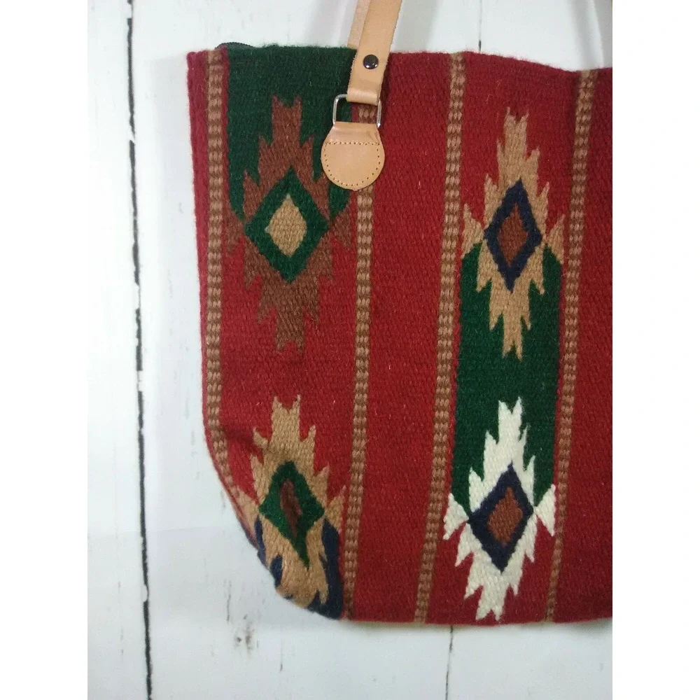 El Paso Saddle Blanket Wool Bag Southwestern Tote Boho‎ Hippie Leather Straps